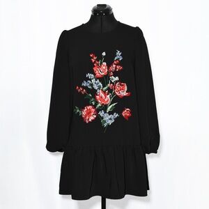 Floral Embroidered Dress Drop Waist Long Sleeve